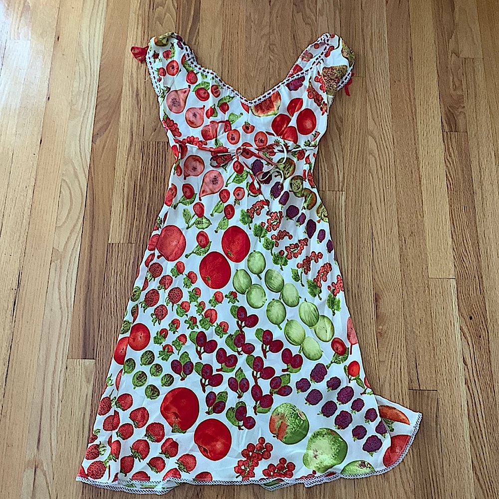 Betsy Johnson silk dress with lace and fruit